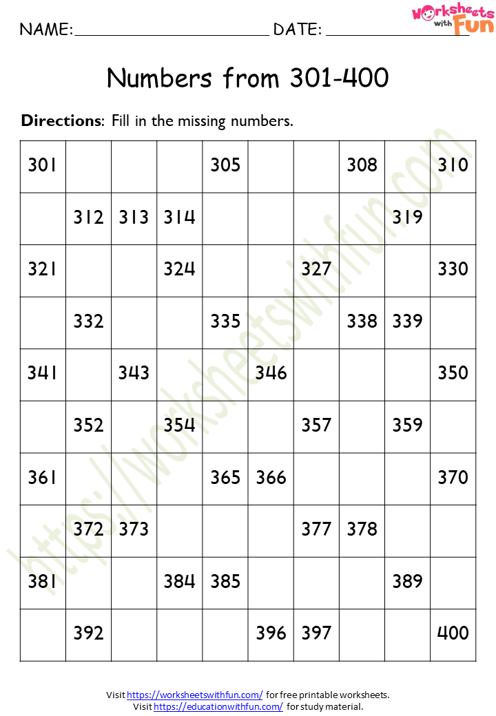 Maths Class 1 Missing Numbers 301 400 Wwf